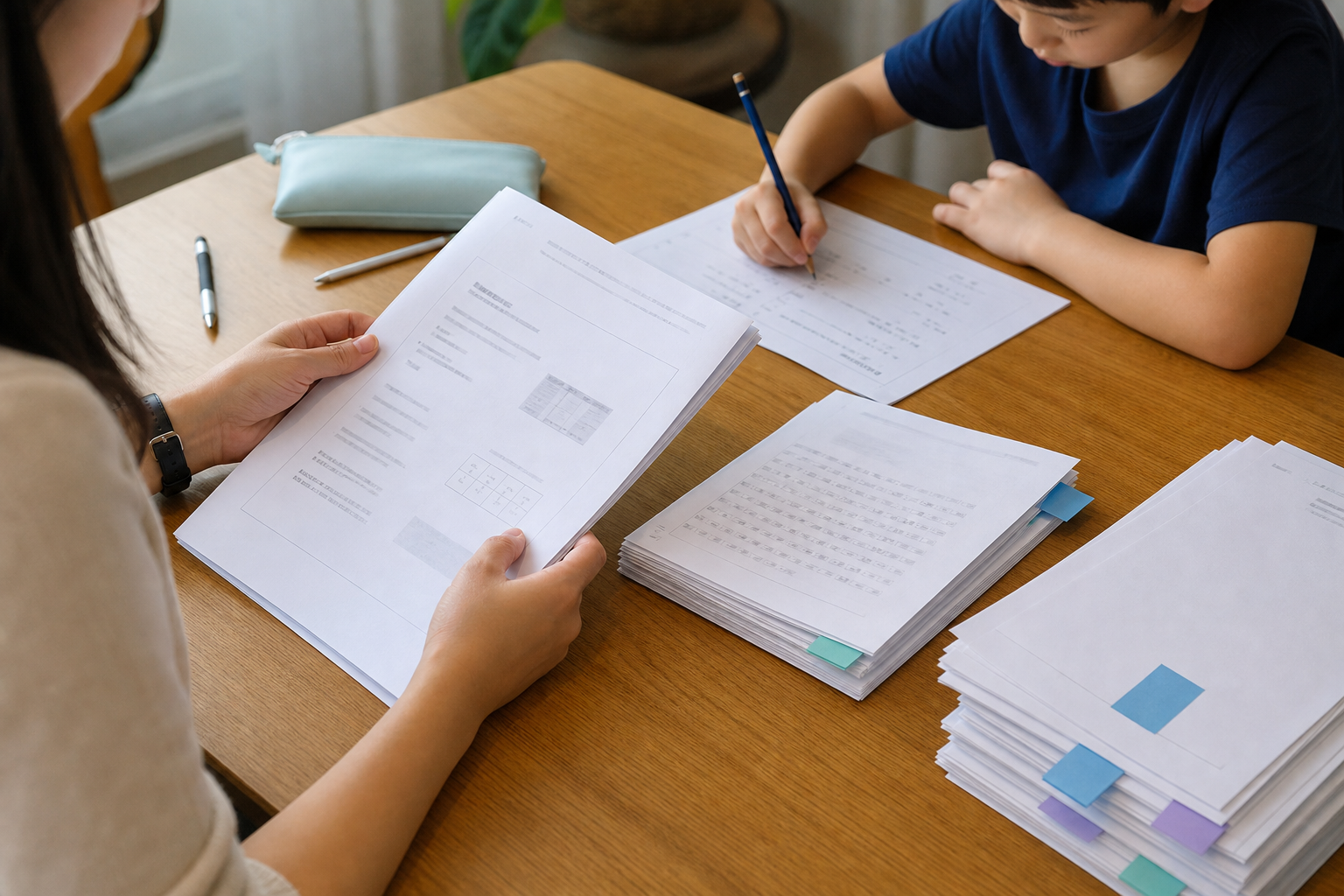 Parent checking answer keys while a child corrects a past year exam paper