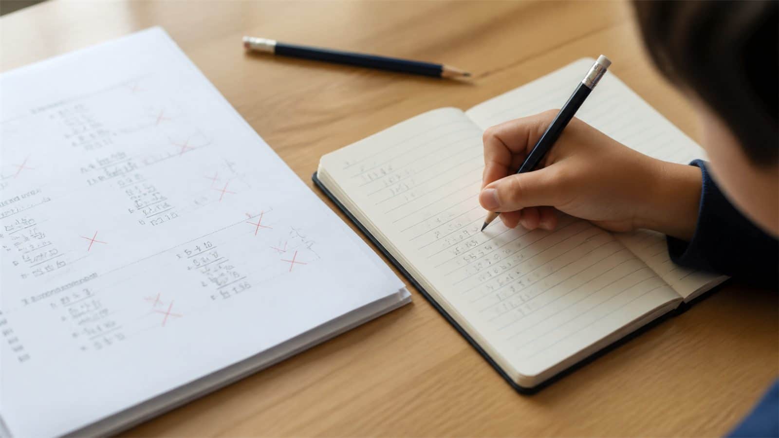 Primary school child correcting a past-year practice paper