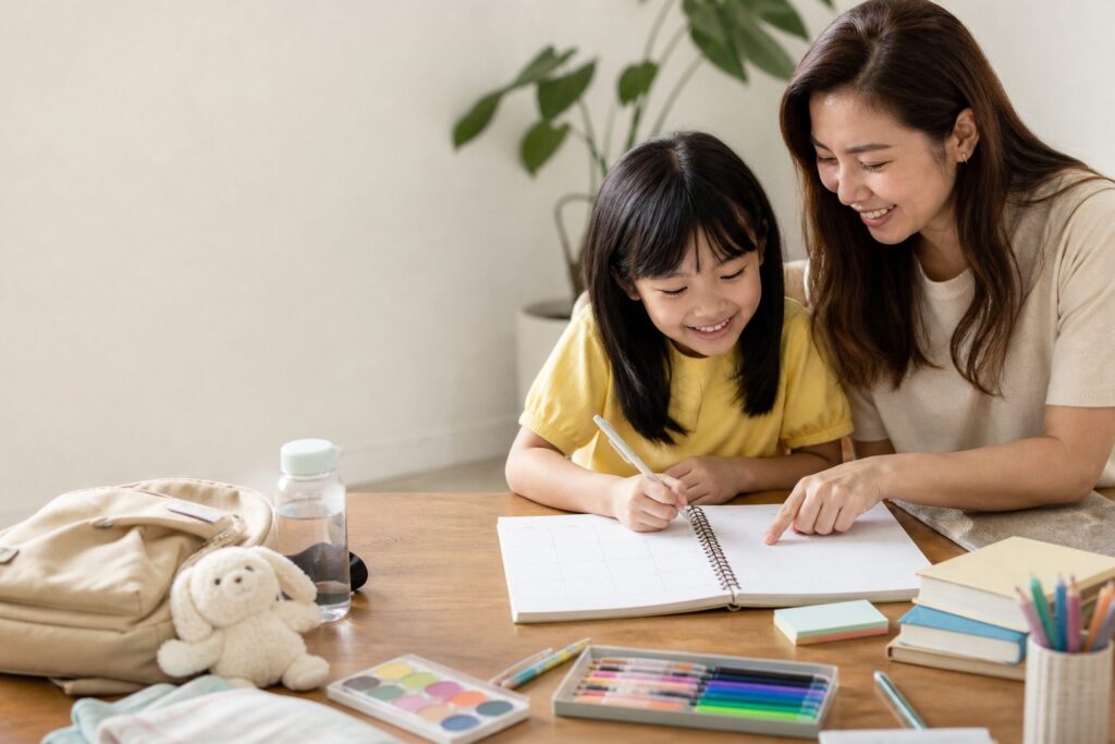 Parent and child planning a one-week school holiday study schedule