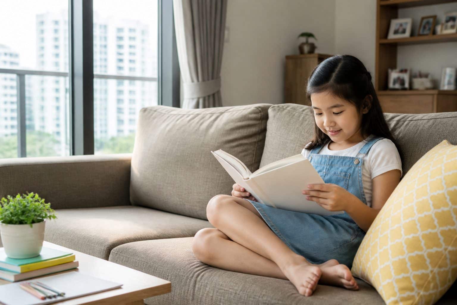 Primary school child reading during a relaxed school holiday