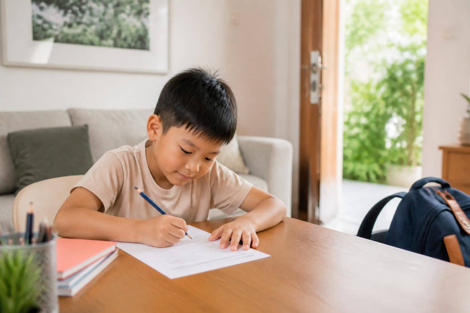 Primary school child doing light revision during a long weekend