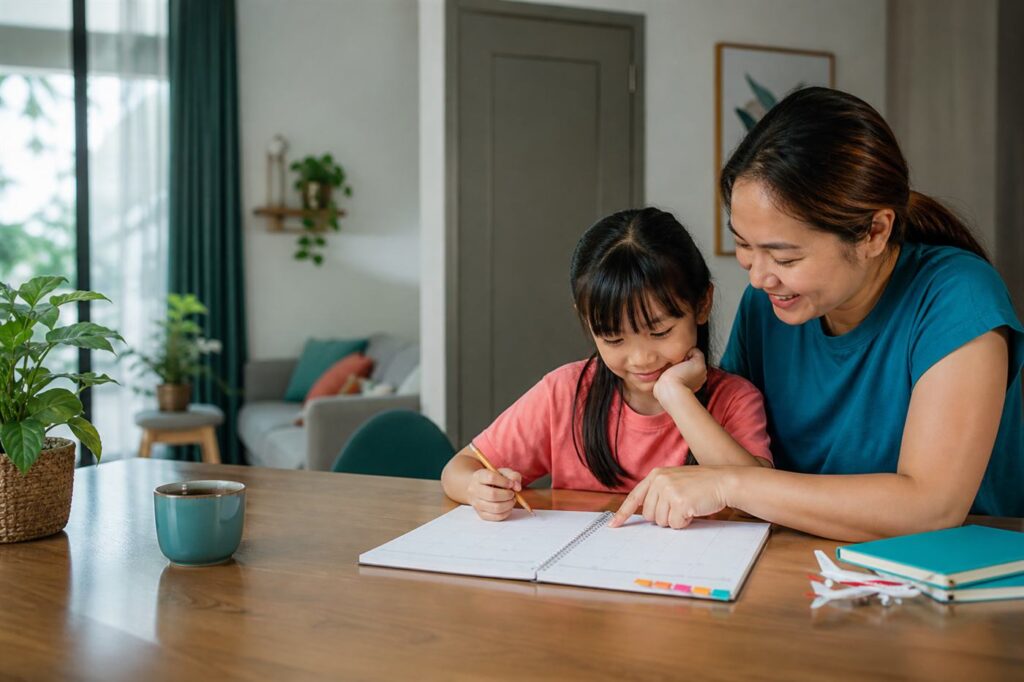 Parent and child planning Singapore school holidays for 2027 at a table