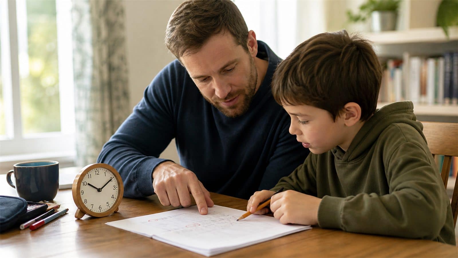 Parent and child reviewing timing after a practice paper