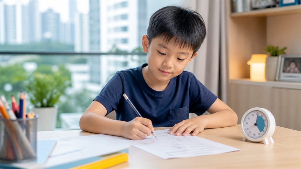 Parent helping a primary school child begin timed practice papers