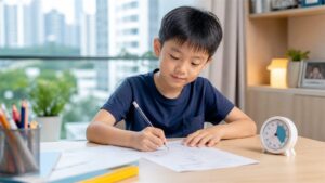 Parent helping a primary school child begin timed practice papers