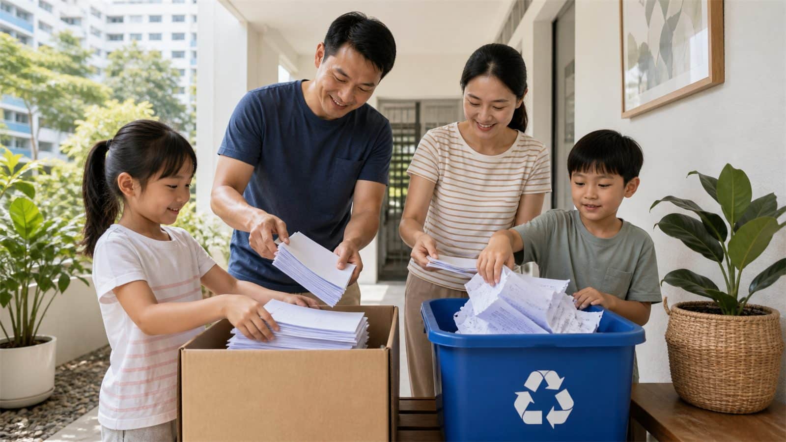 Used school papers sorted for responsible sharing or recycling