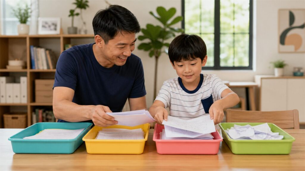 Parent and child sorting used school examination papers
