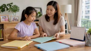 Parent reviewing WA SA and prelim paper labels for primary school