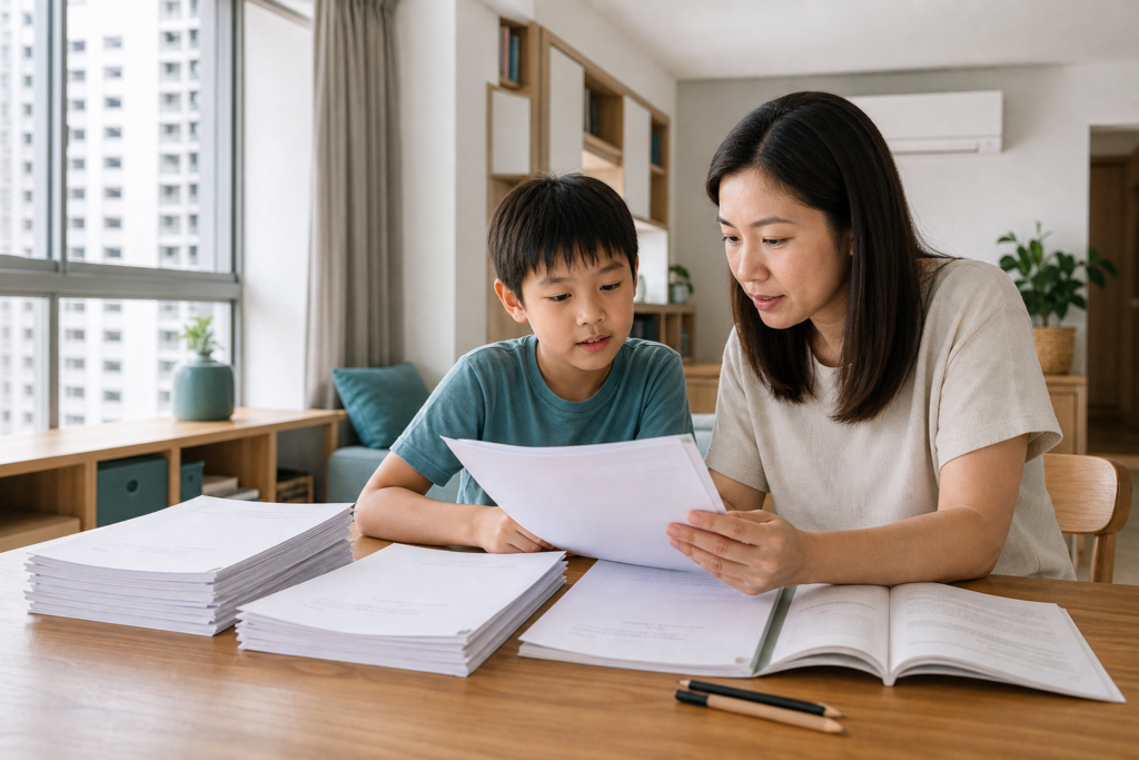 Singapore parent and child comparing printed past year exam papers